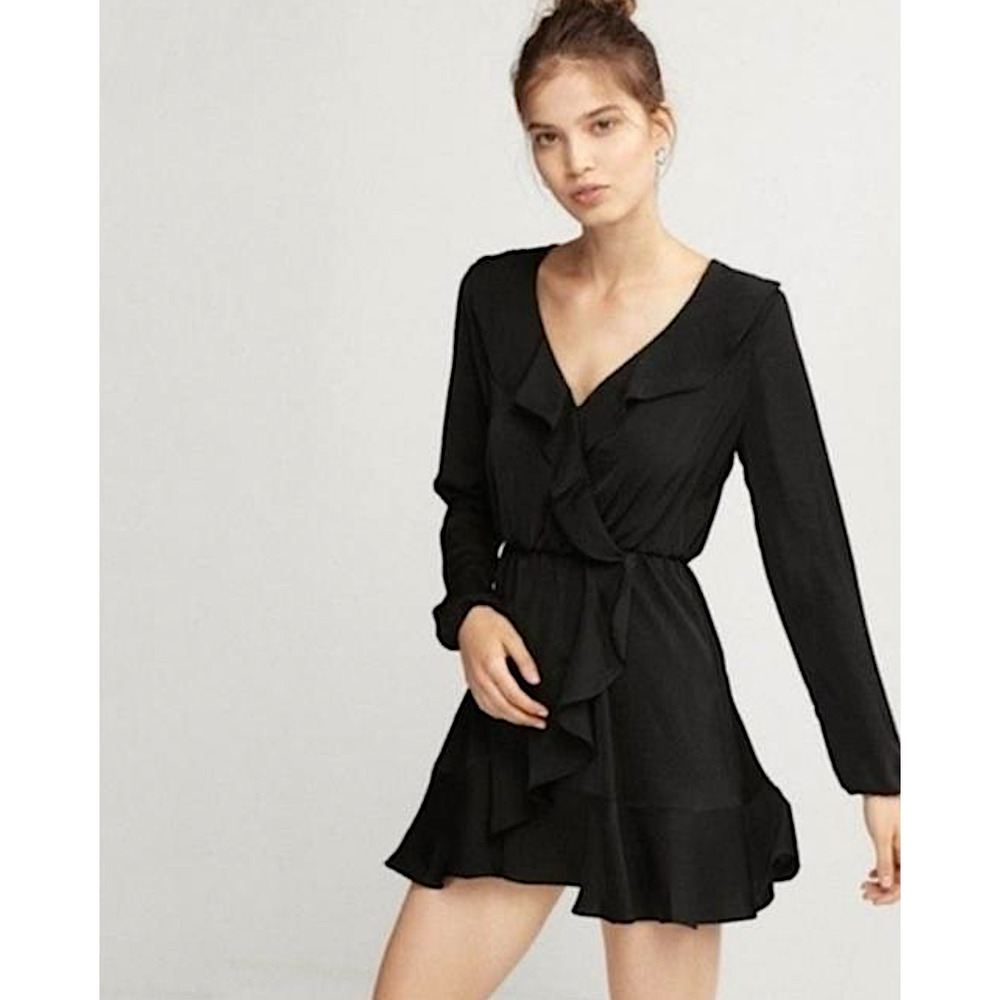 New Express Fit and Flare Black Long-Sleeve Romper with Ruffles